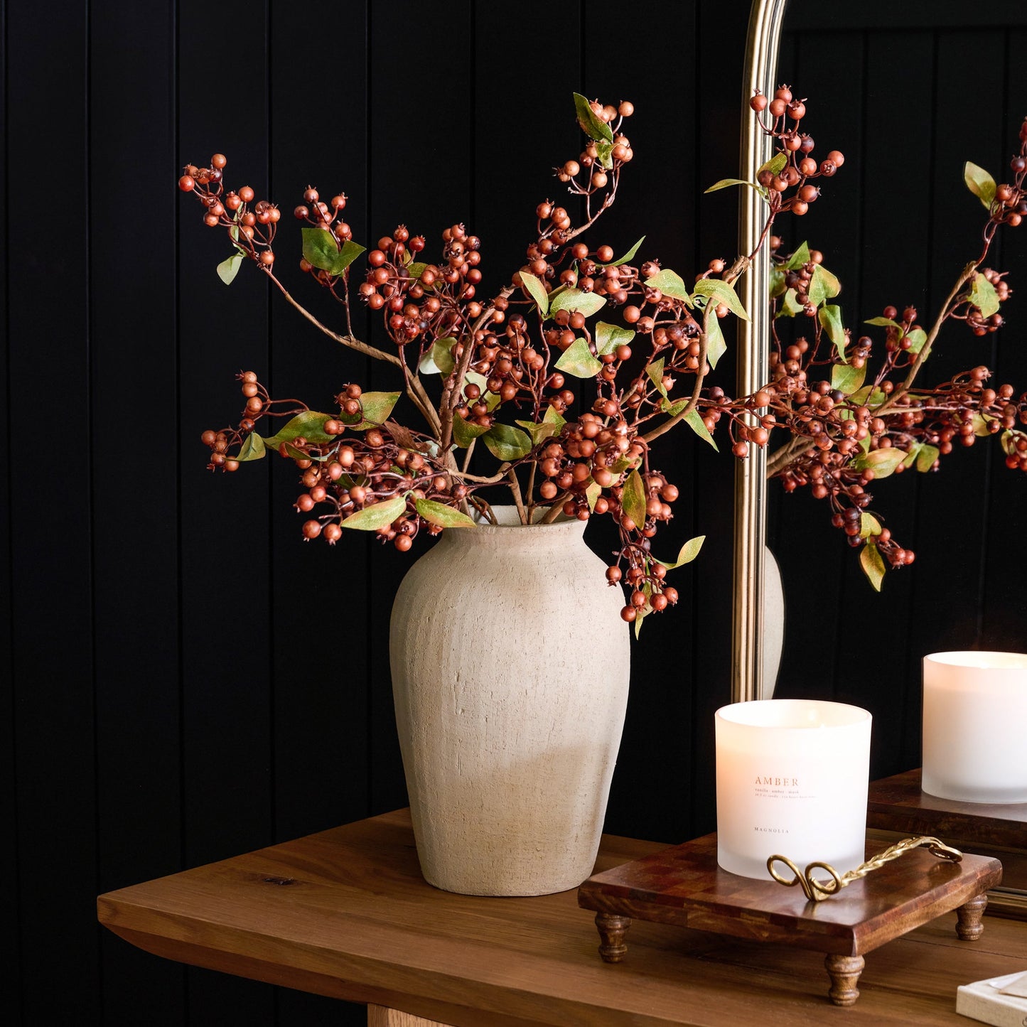 Brown Berry Spray with Green Leaves