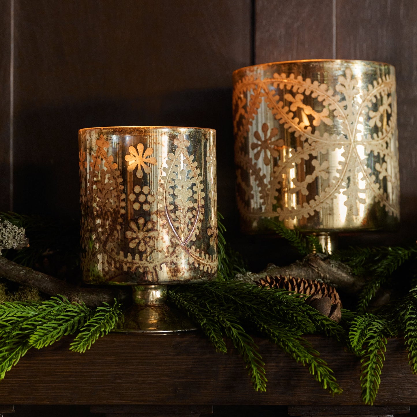 Burnished Mercury Glass Floral Hurricane