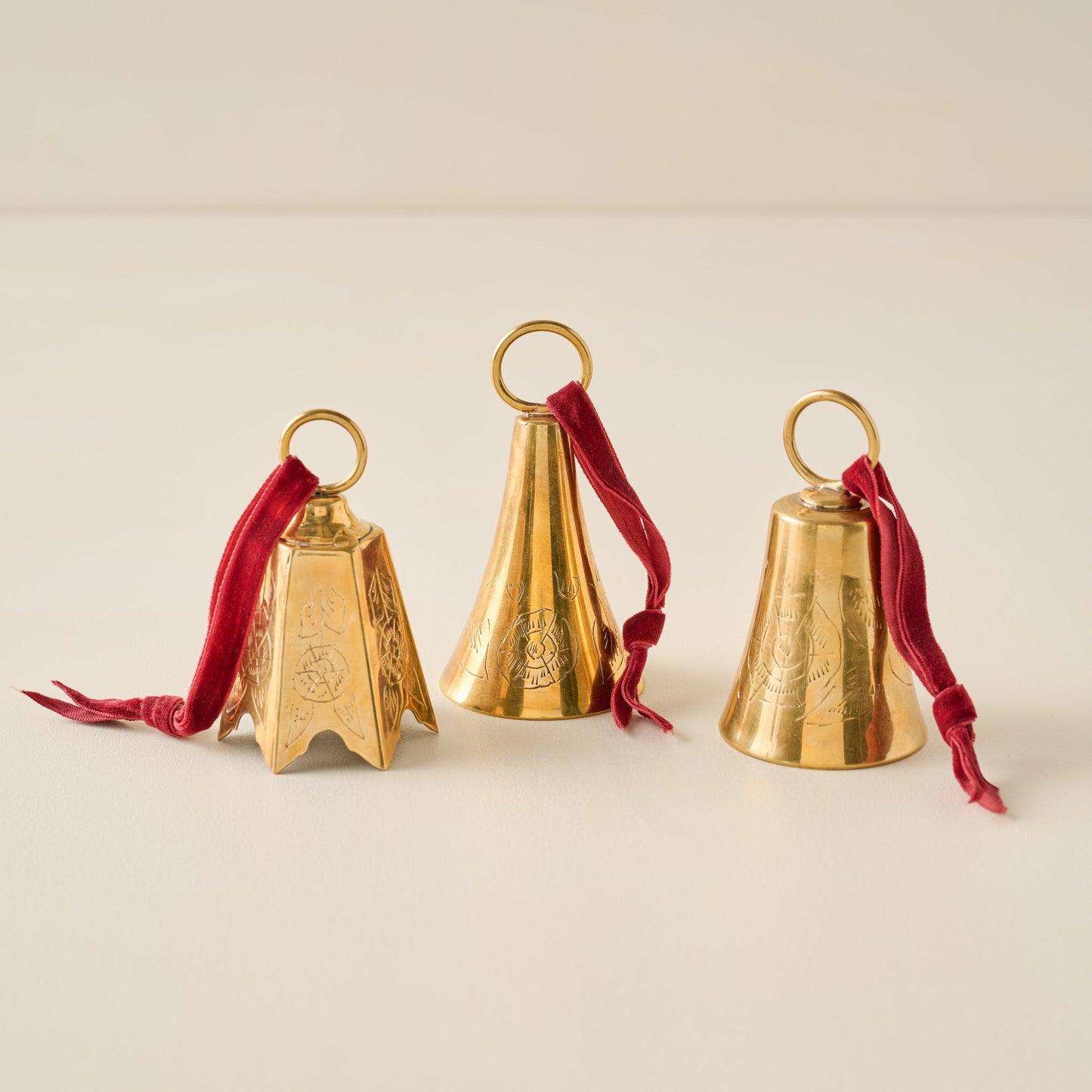 Ava Etched Brass Bell Ornament, Set of 3