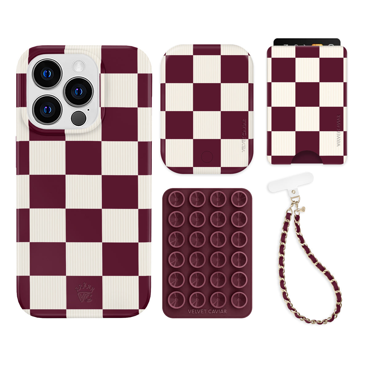 Burgundy Vibe Checkered iPhone Bundle Set - Wallet