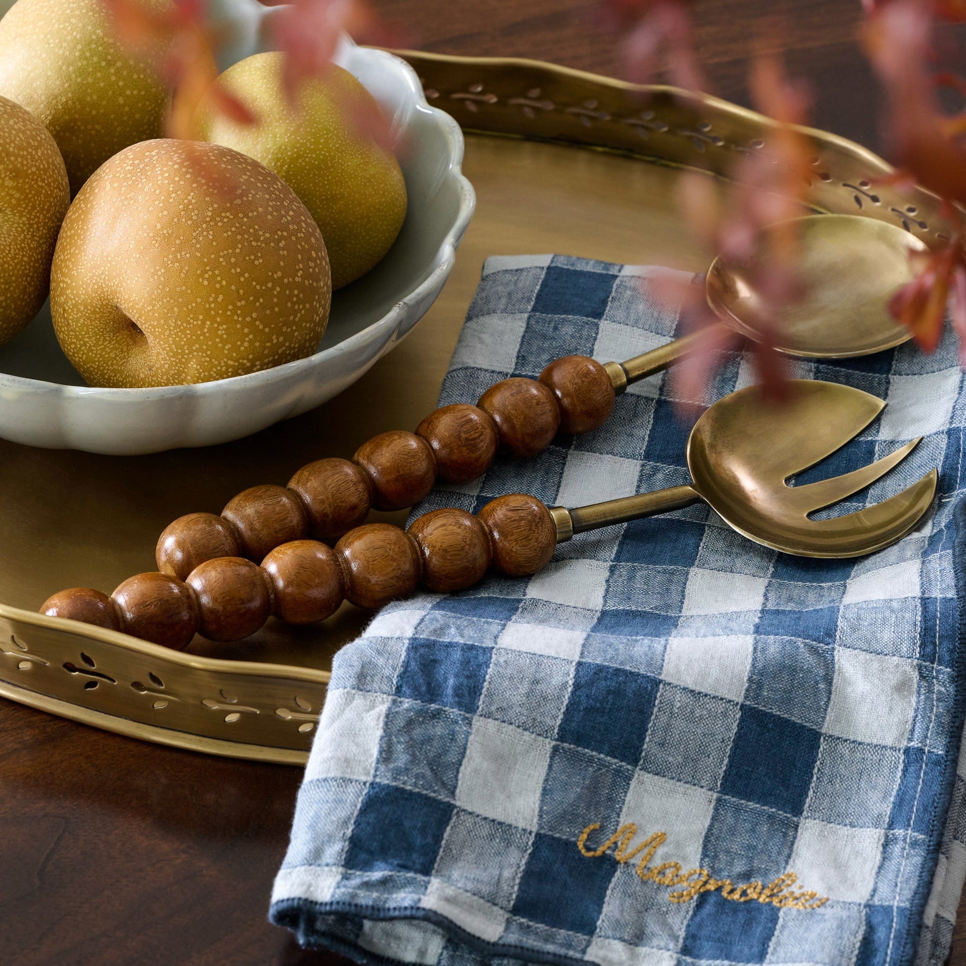 Antique Brass and Beaded Wood Serving Set