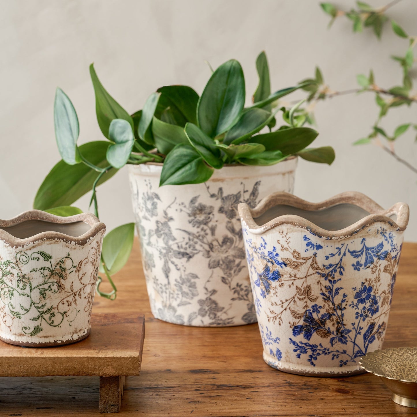 Blue Scalloped Distressed Planter