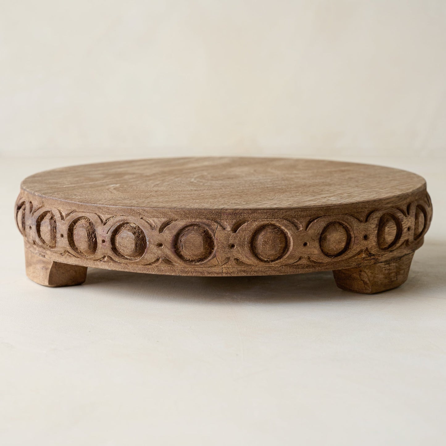 Antiqued Carved Wood Round Riser
