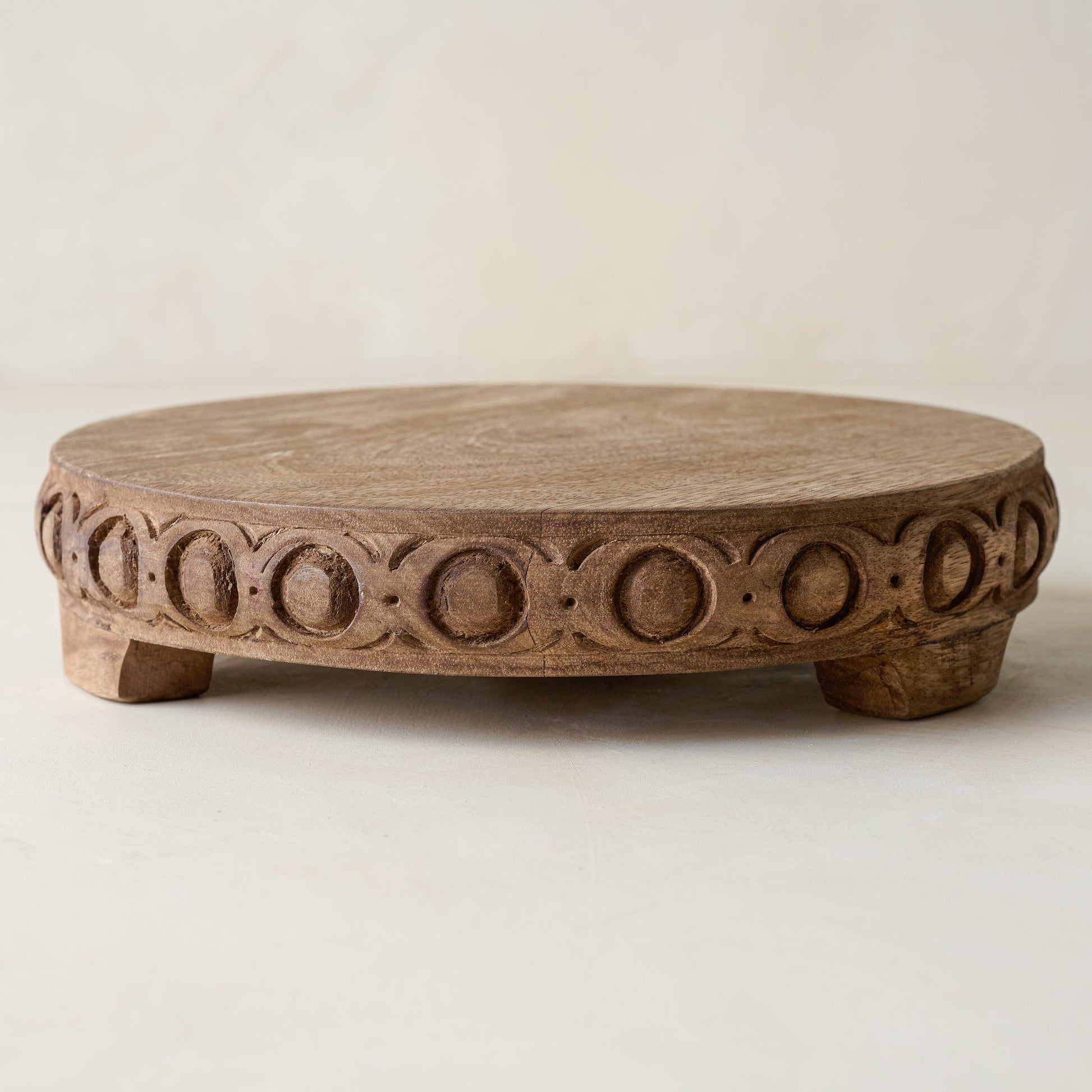 Antiqued Carved Wood Round Riser