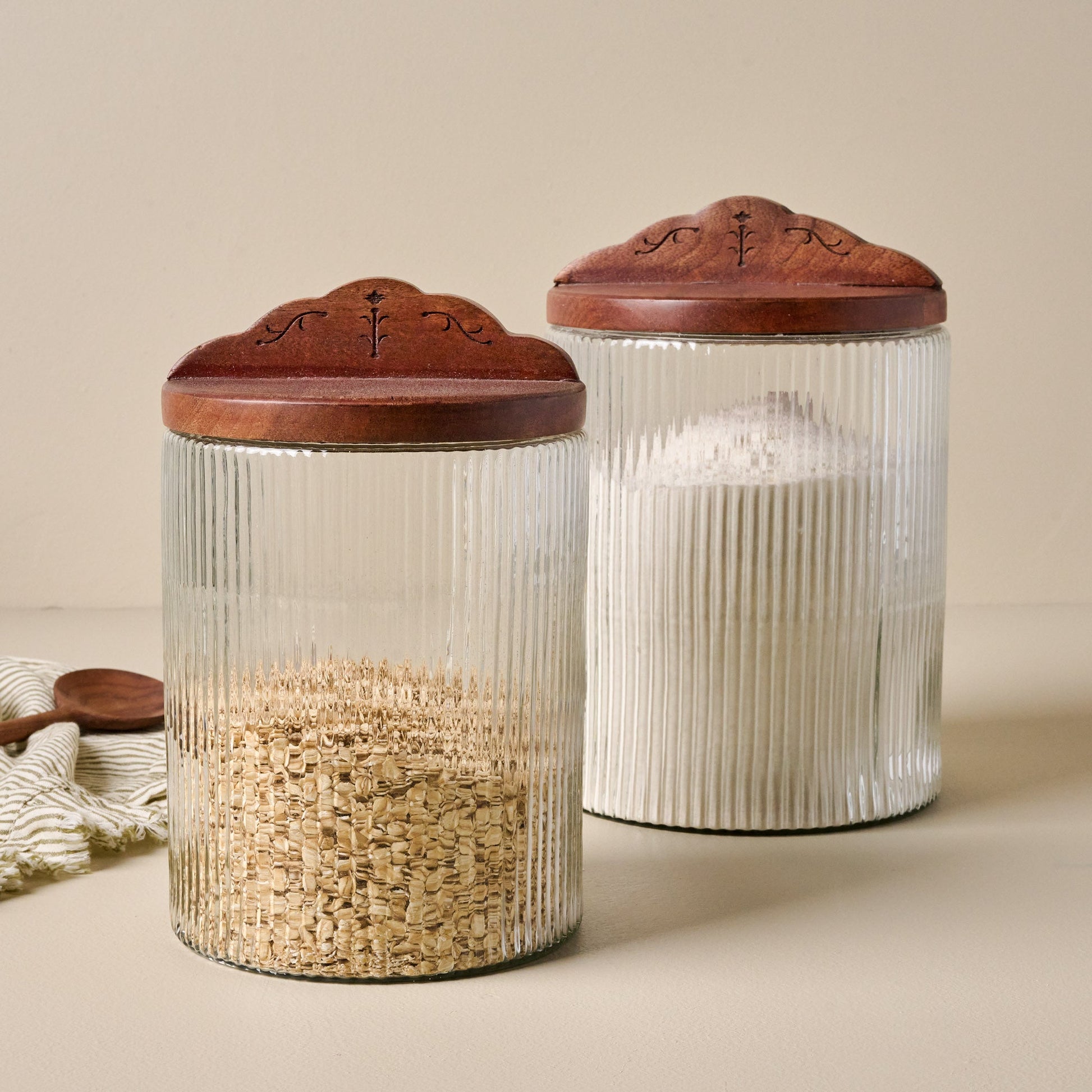 Antiqued Wood Ribbed Glass Canister