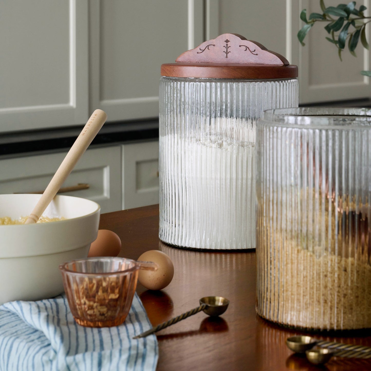 Antiqued Wood Ribbed Glass Canister