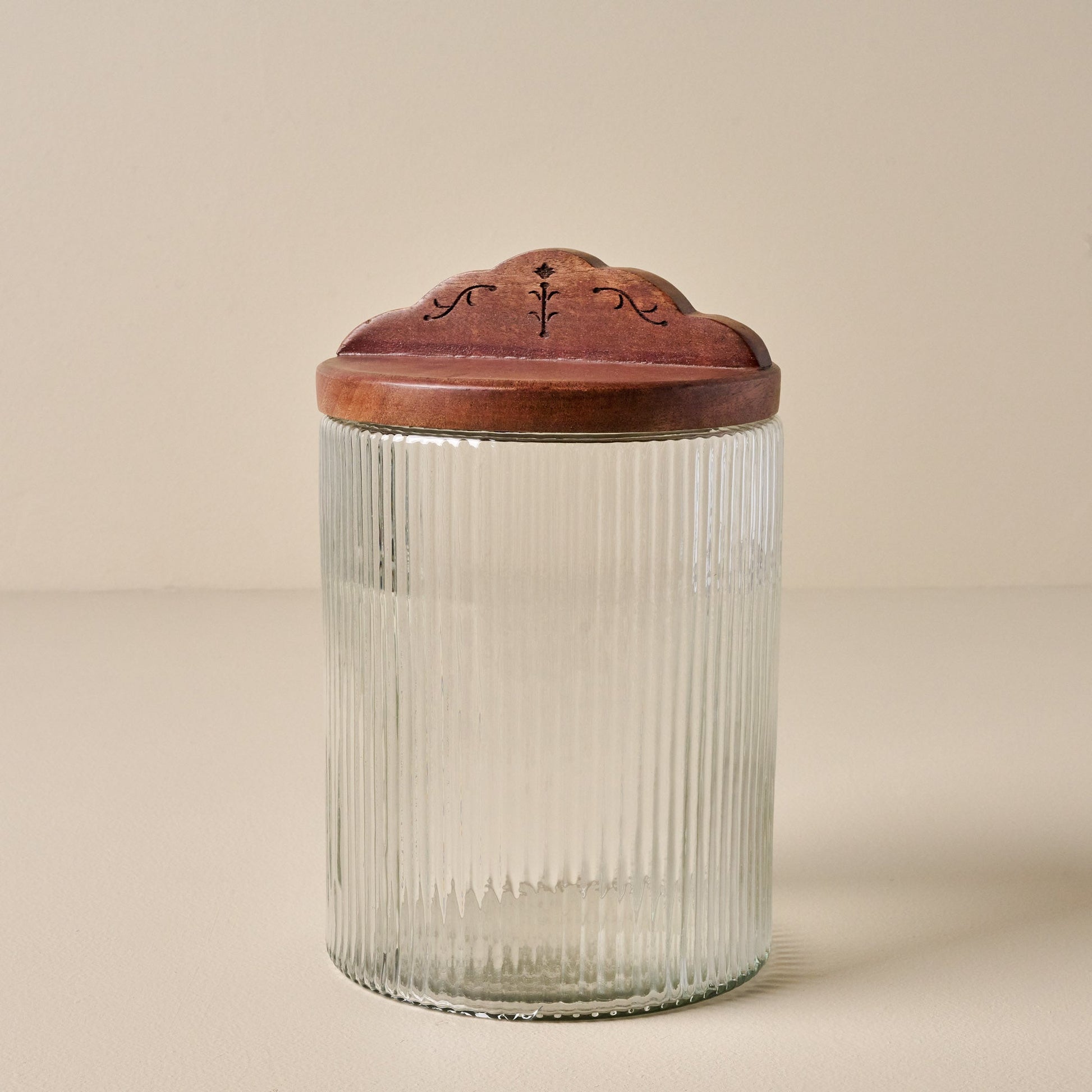 Antiqued Wood Ribbed Glass Canister