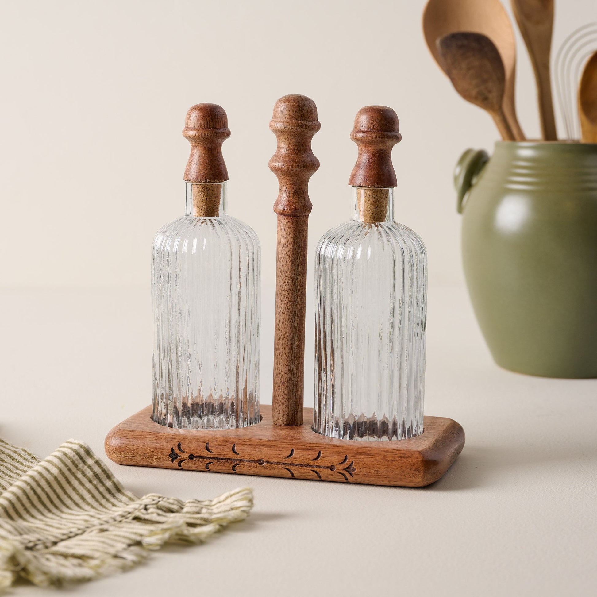 Antiqued Wood Ribbed Glass Oil & Vinegar Set