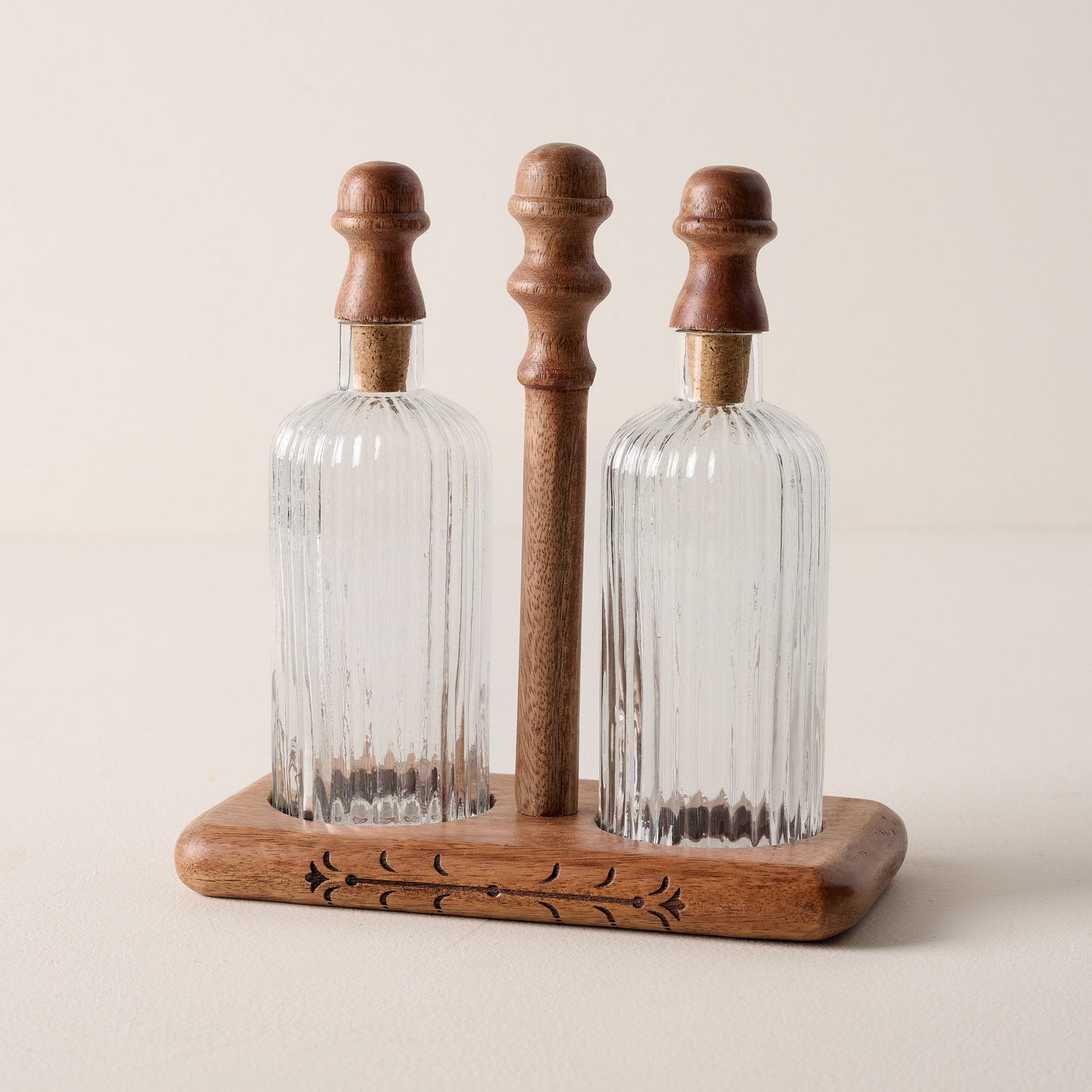 Antiqued Wood Ribbed Glass Oil & Vinegar Set