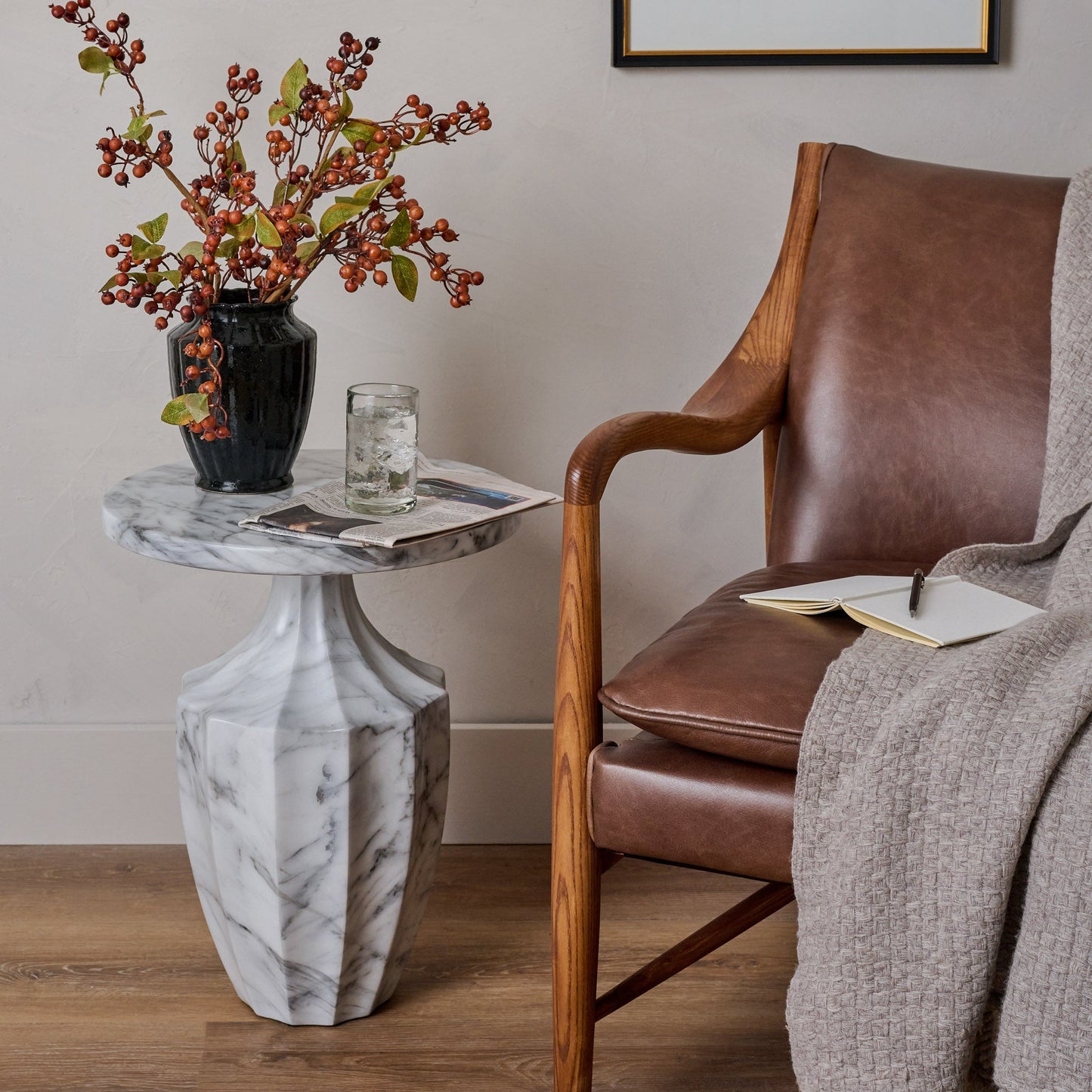 Brown Berry Spray with Green Leaves