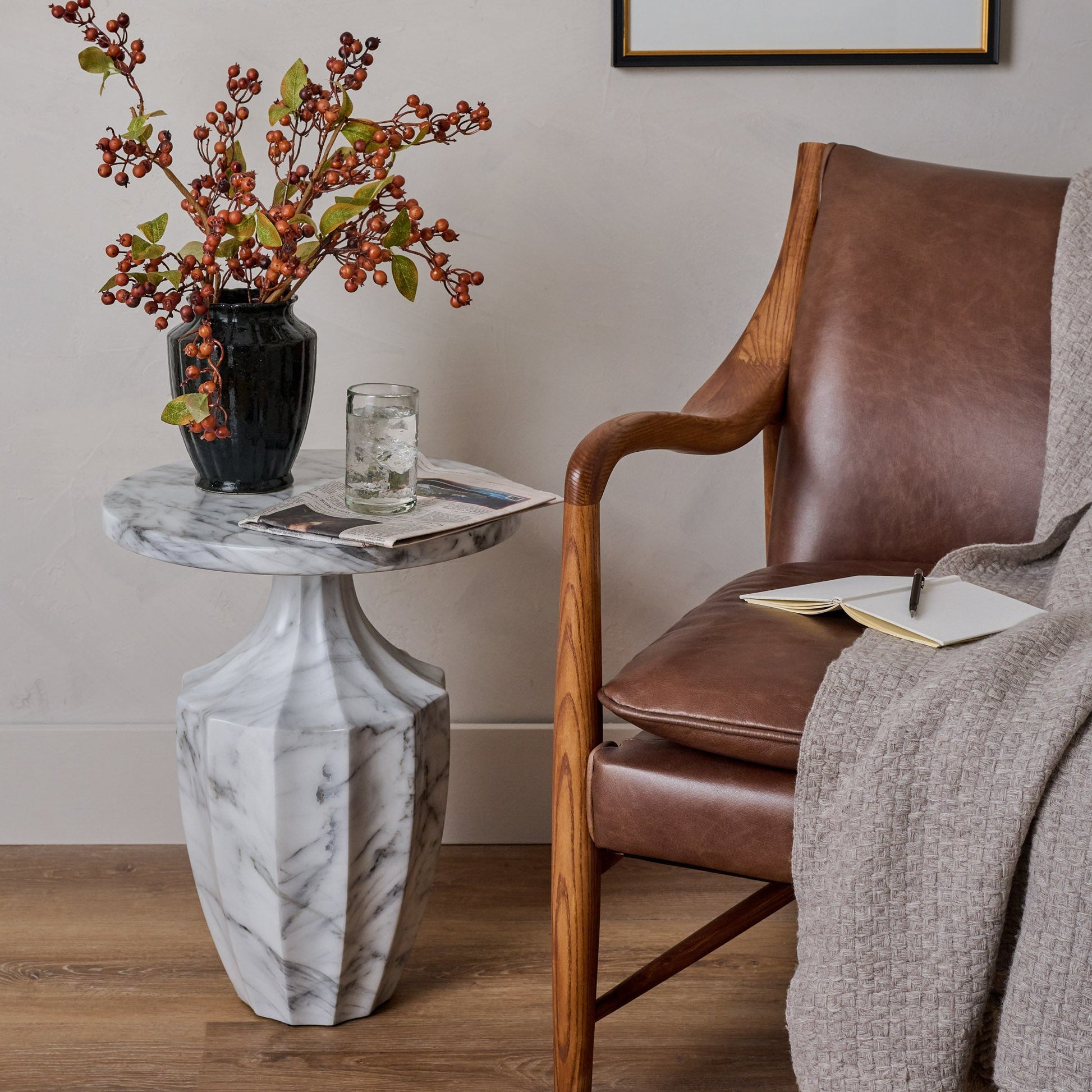 Brown Berry Spray with Green Leaves