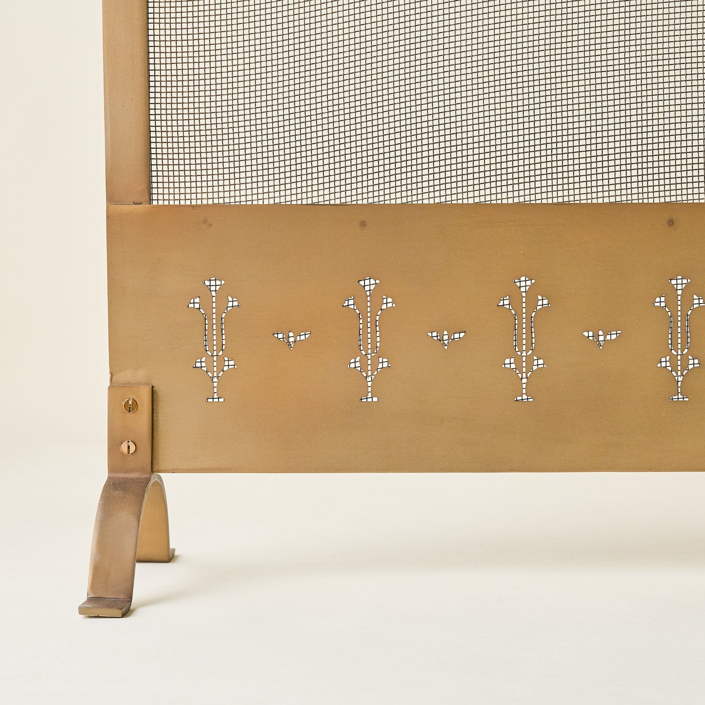 Antiqued Brass Tulip Carved Fireplace Screen