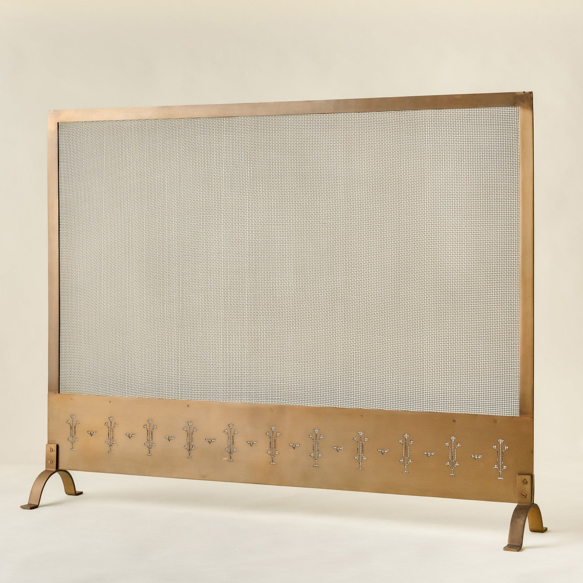 Antiqued Brass Tulip Carved Fireplace Screen