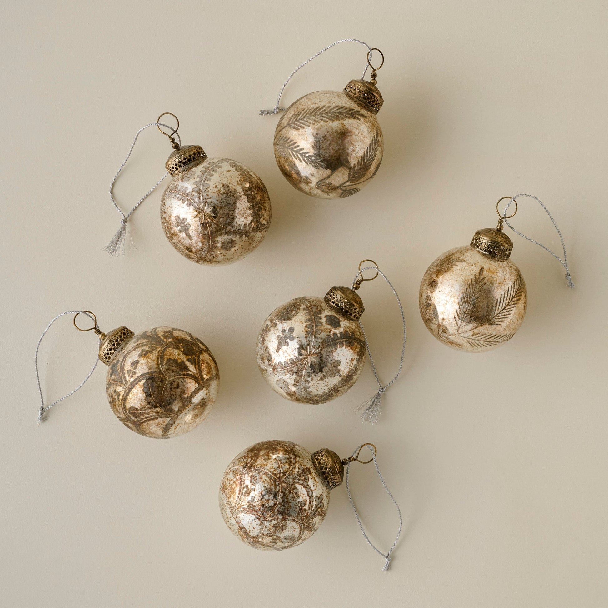 Burnished Etched Glass Ornaments, Set of 6