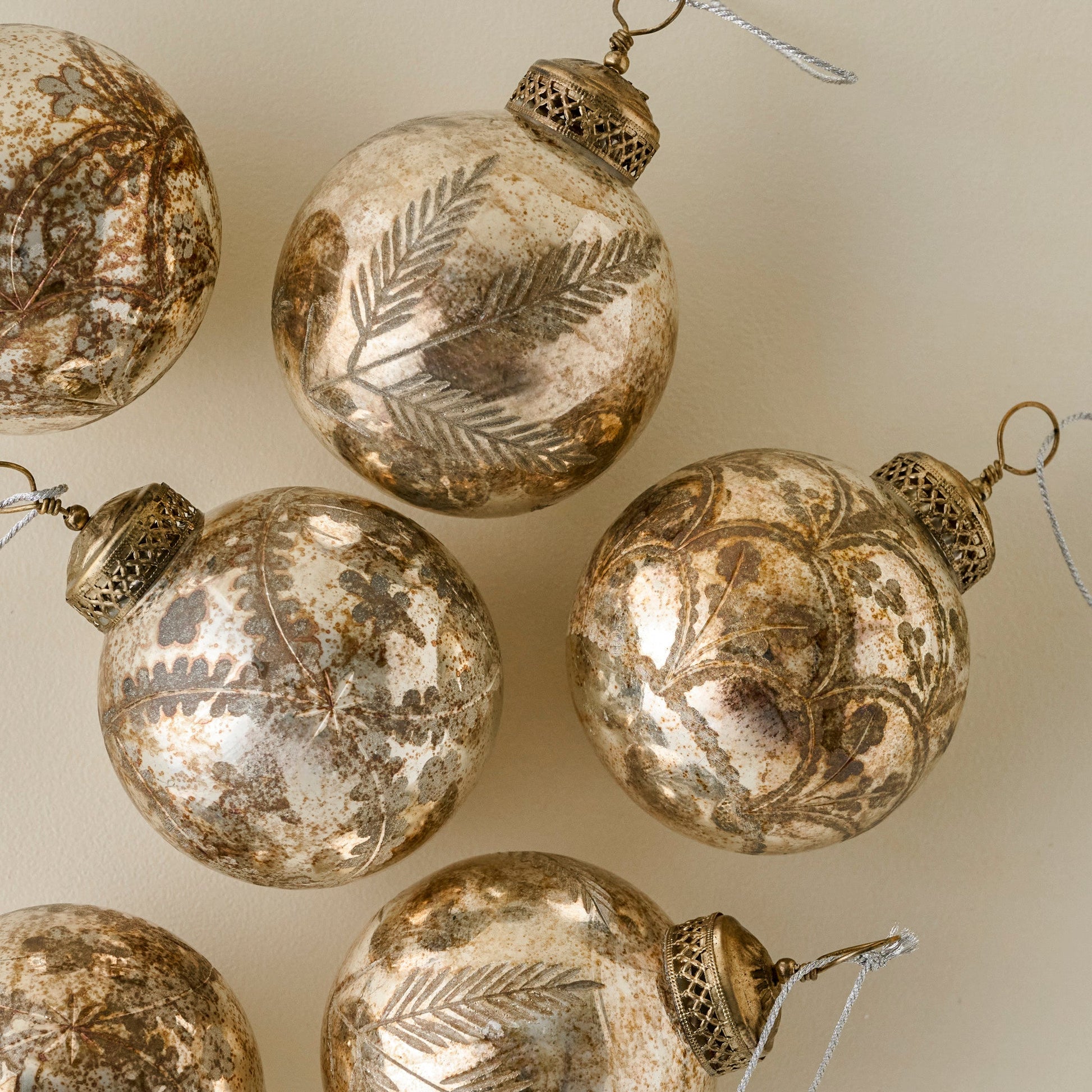 Burnished Etched Glass Ornaments, Set of 6