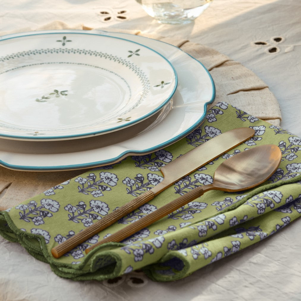 Antique Jade Scallop Edge Block Print Napkin Set of Four