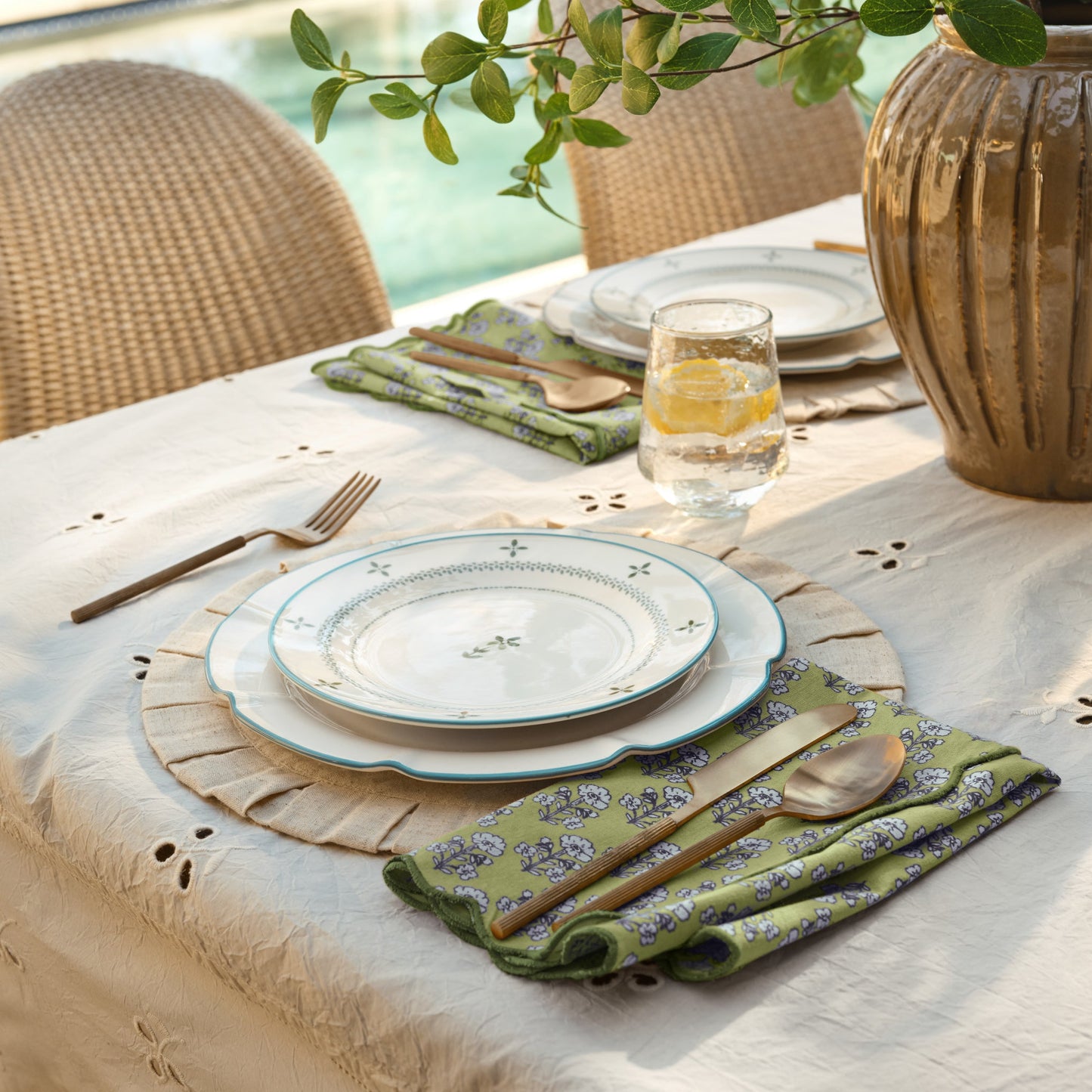 Antique Jade Scallop Edge Block Print Napkin Set of Four