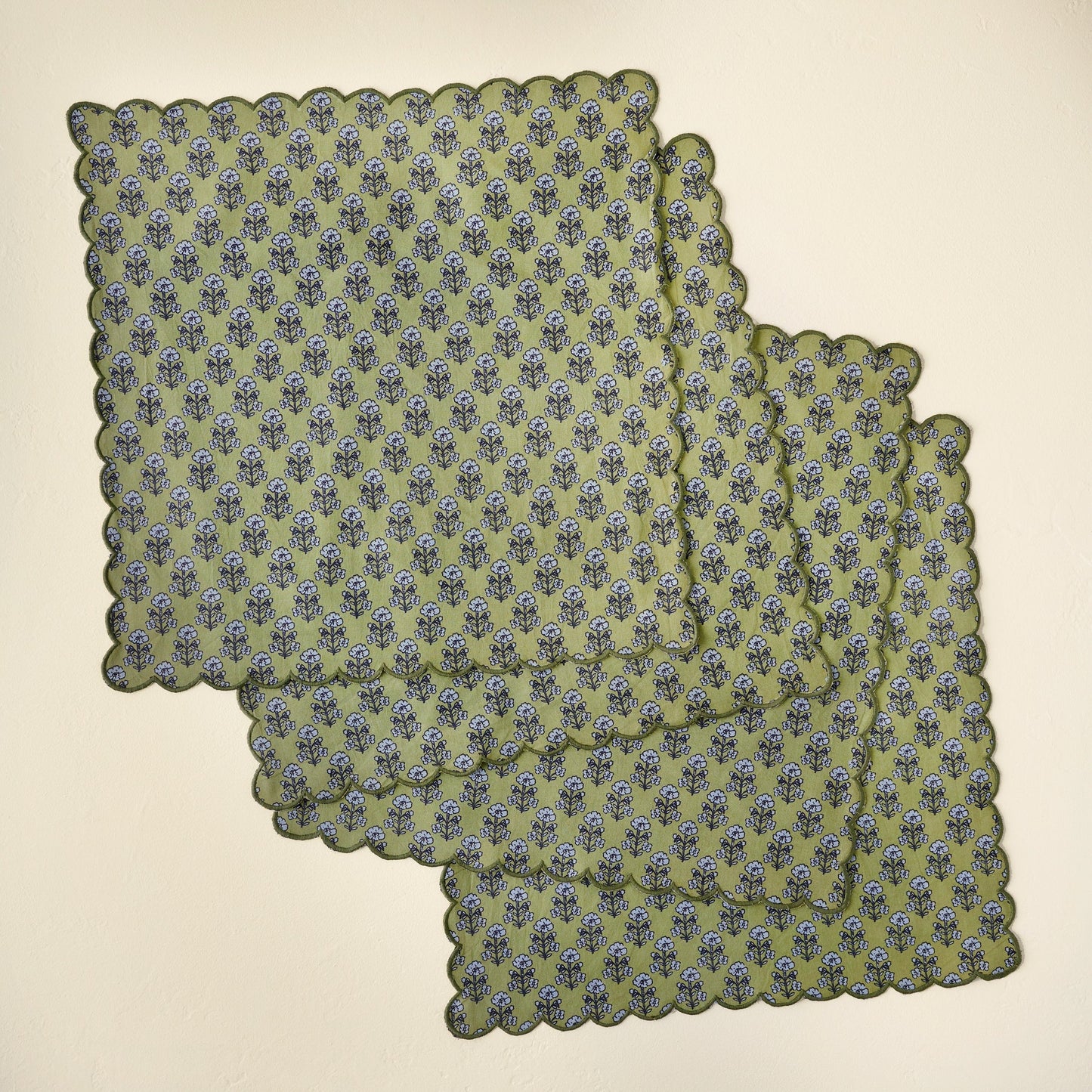 Antique Jade Scallop Edge Block Print Napkin Set of Four