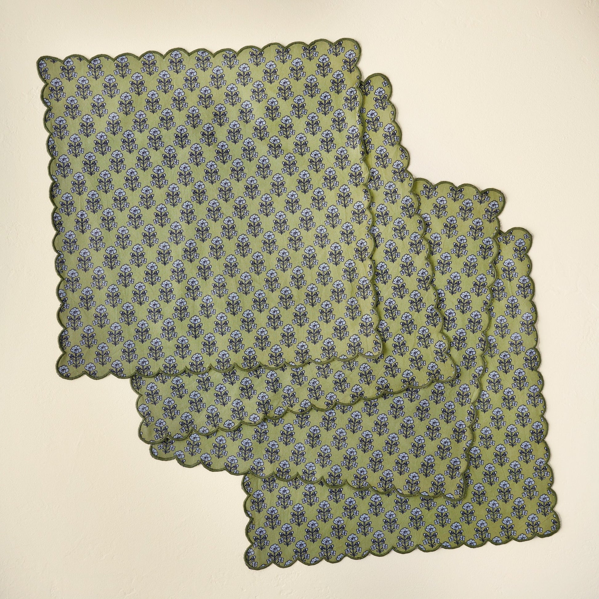 Antique Jade Scallop Edge Block Print Napkin Set of Four