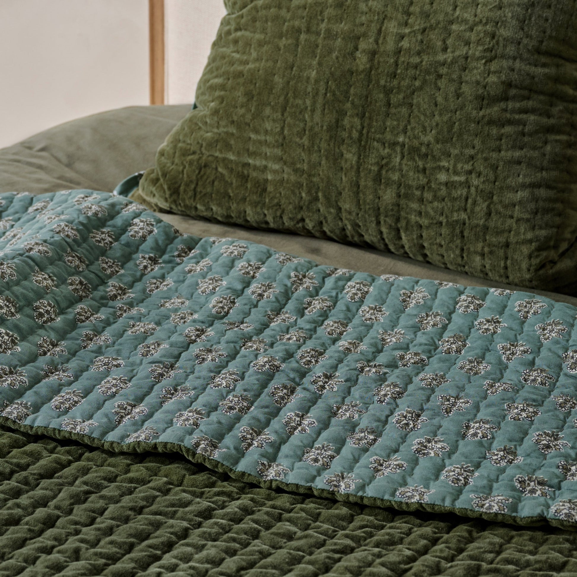 Audrey Velvet Block Print Quilt - Winter Moss