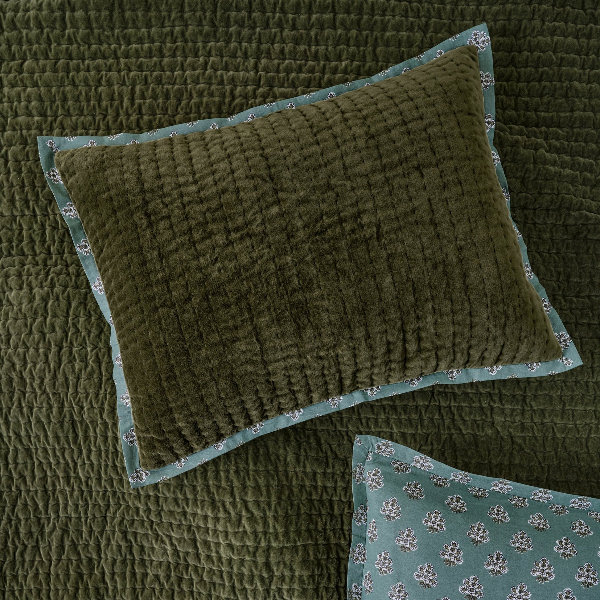 Winter Moss Audrey Velvet Block Print Quilt + Sham Set (Queen)