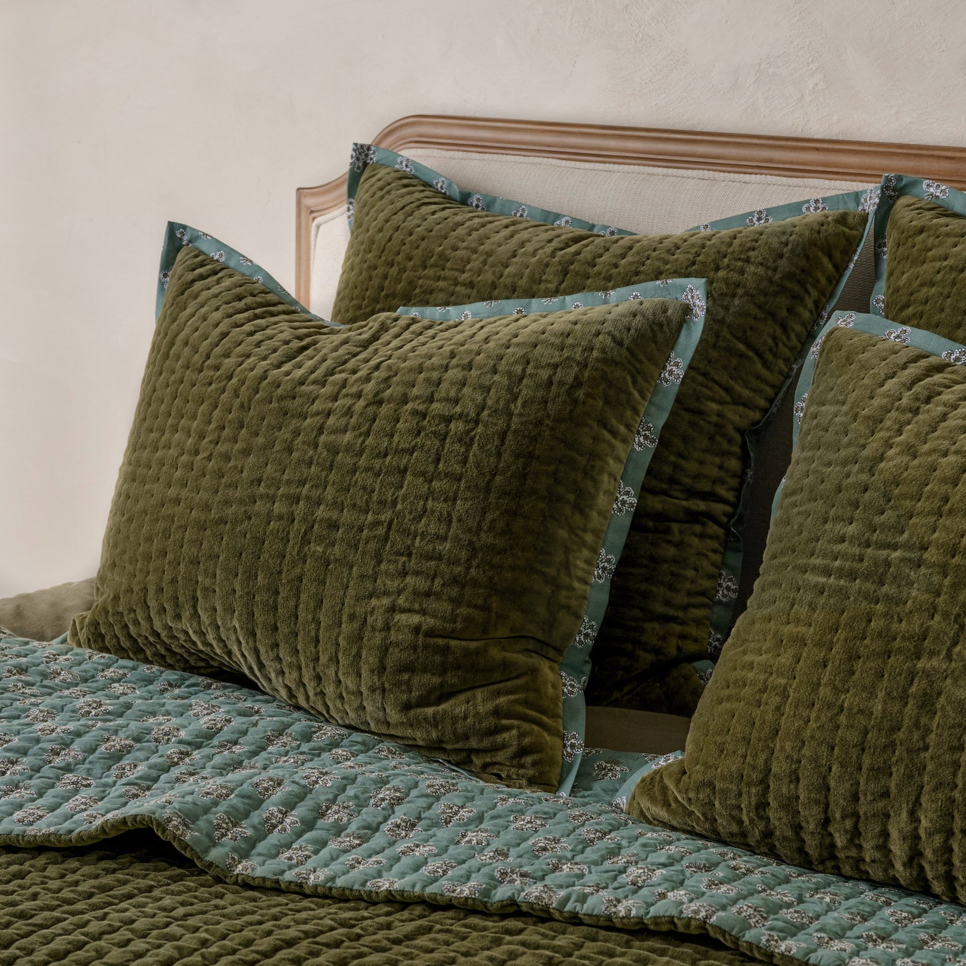 Winter Moss Audrey Velvet Block Print Quilt + Sham Set (Queen)