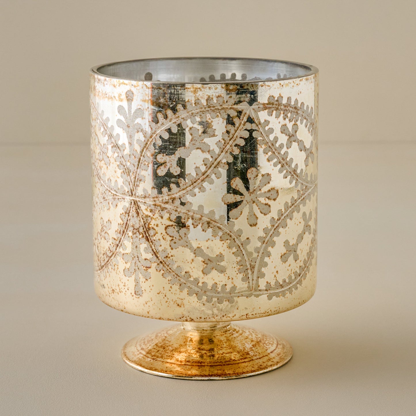 Burnished Mercury Glass Floral Hurricane