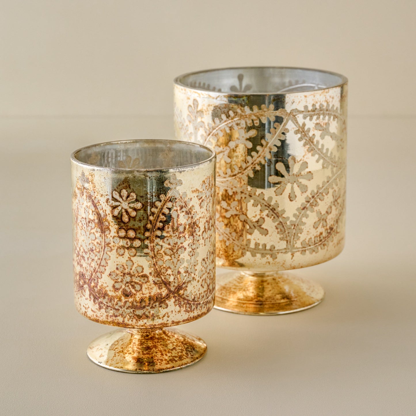 Burnished Mercury Glass Floral Hurricane