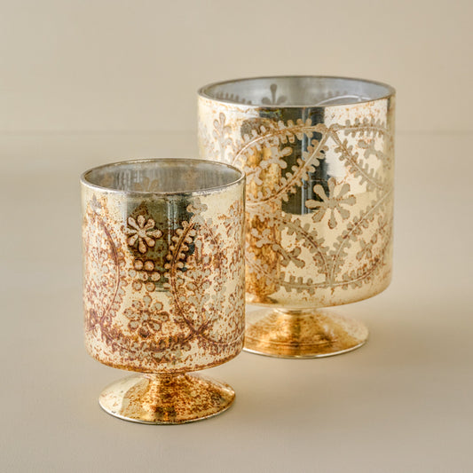 Burnished Mercury Glass Floral Hurricane