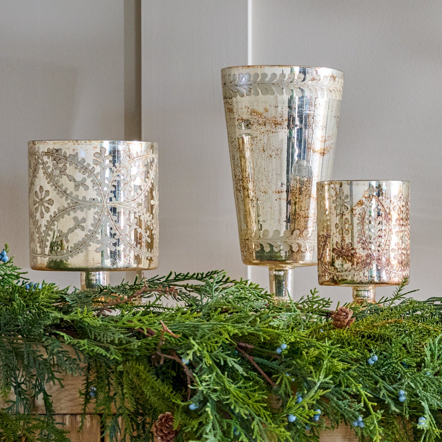 Burnished Mercury Glass Floral Hurricane