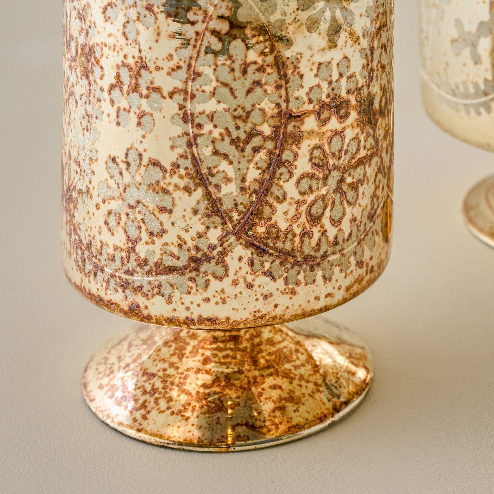 Burnished Mercury Glass Floral Hurricane