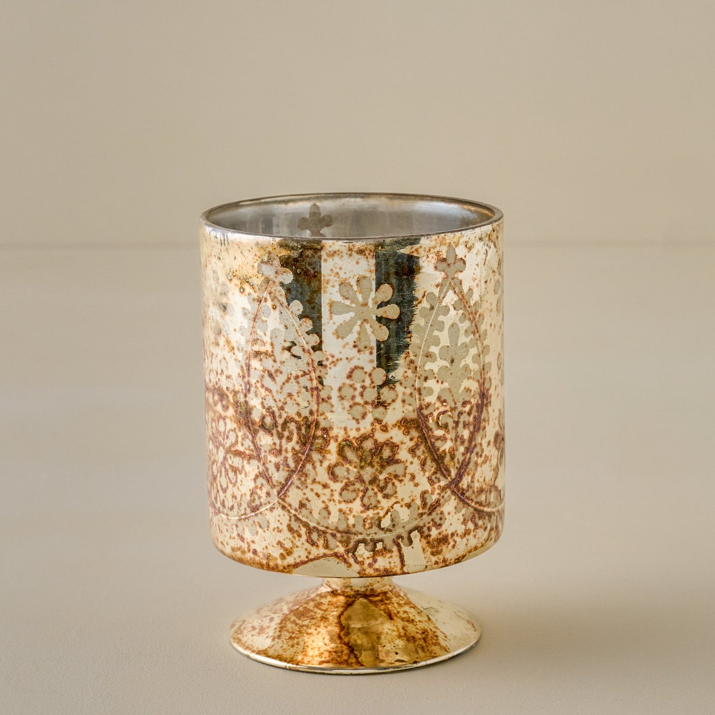 Burnished Mercury Glass Floral Hurricane