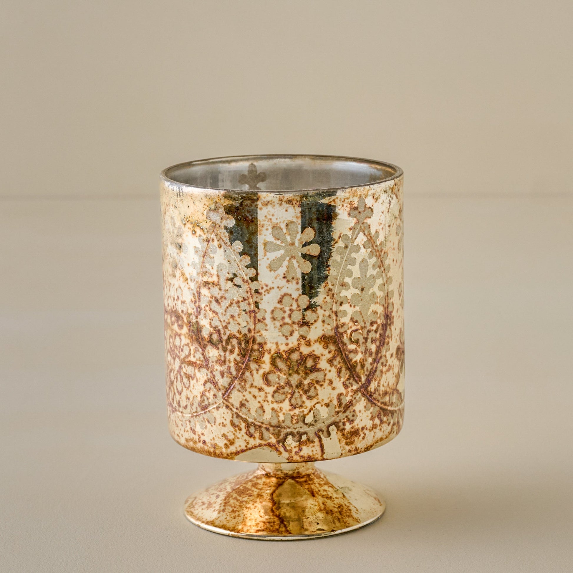 Burnished Mercury Glass Floral Hurricane