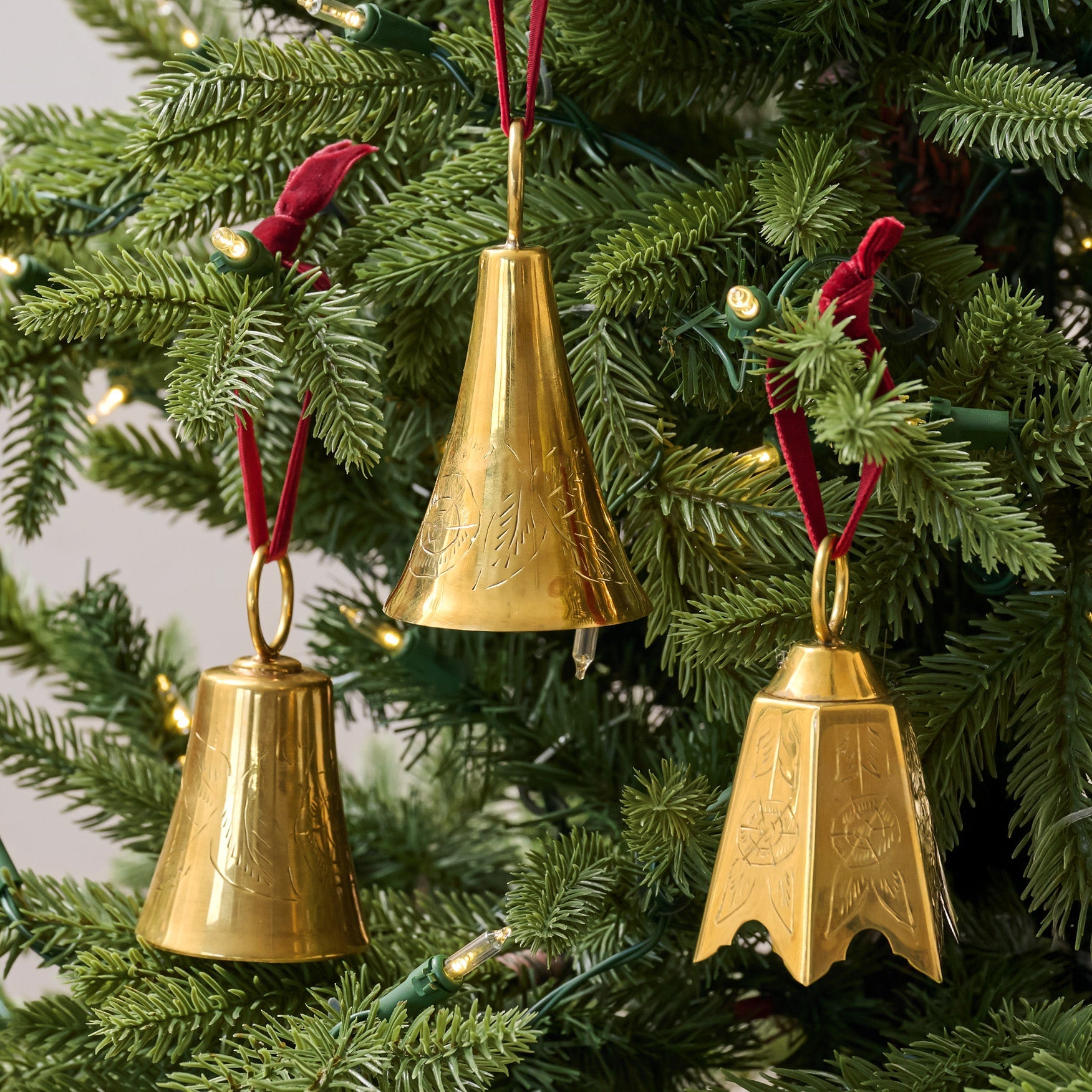 Ava Etched Brass Bell Ornament, Set of 3