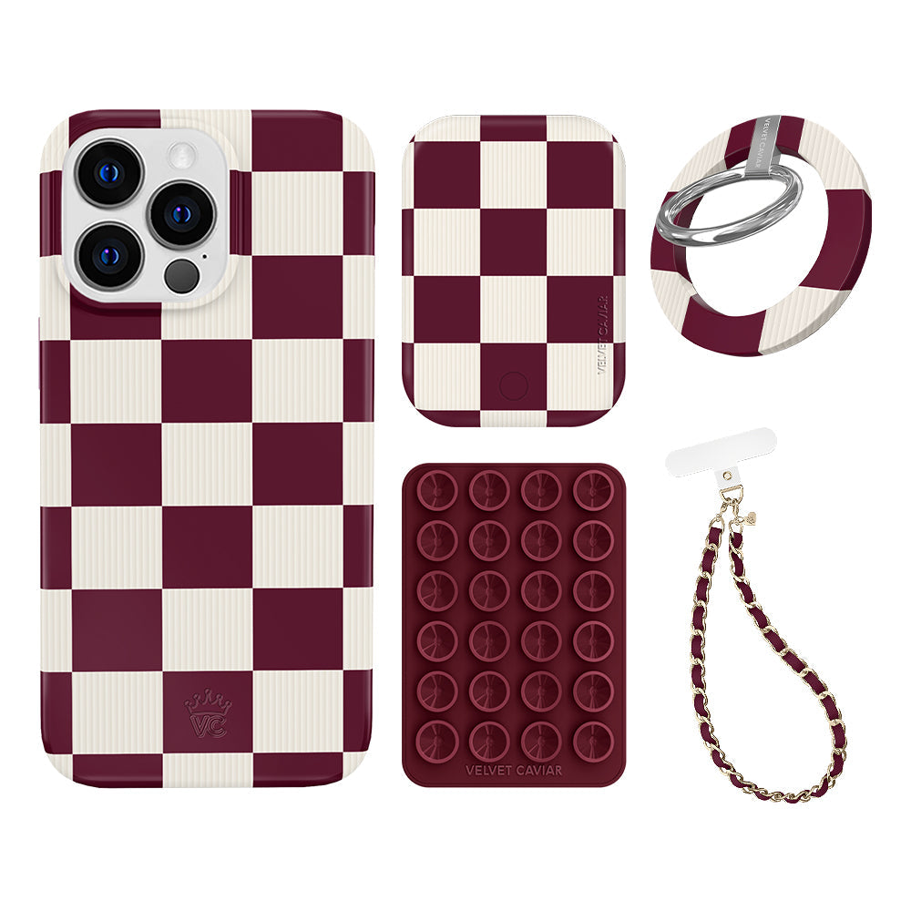 Burgundy Vibe Checkered iPhone Bundle Set - Grip