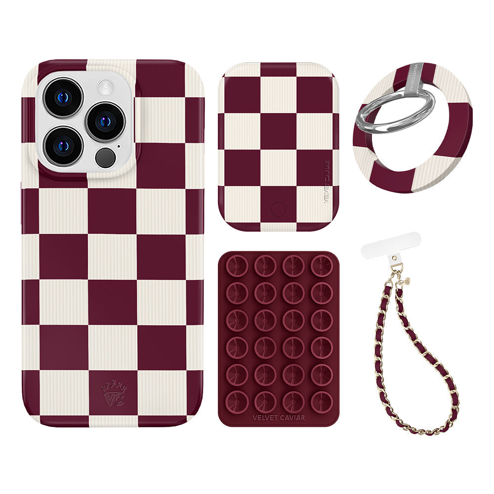 Burgundy Vibe Checkered iPhone Bundle Set - Grip