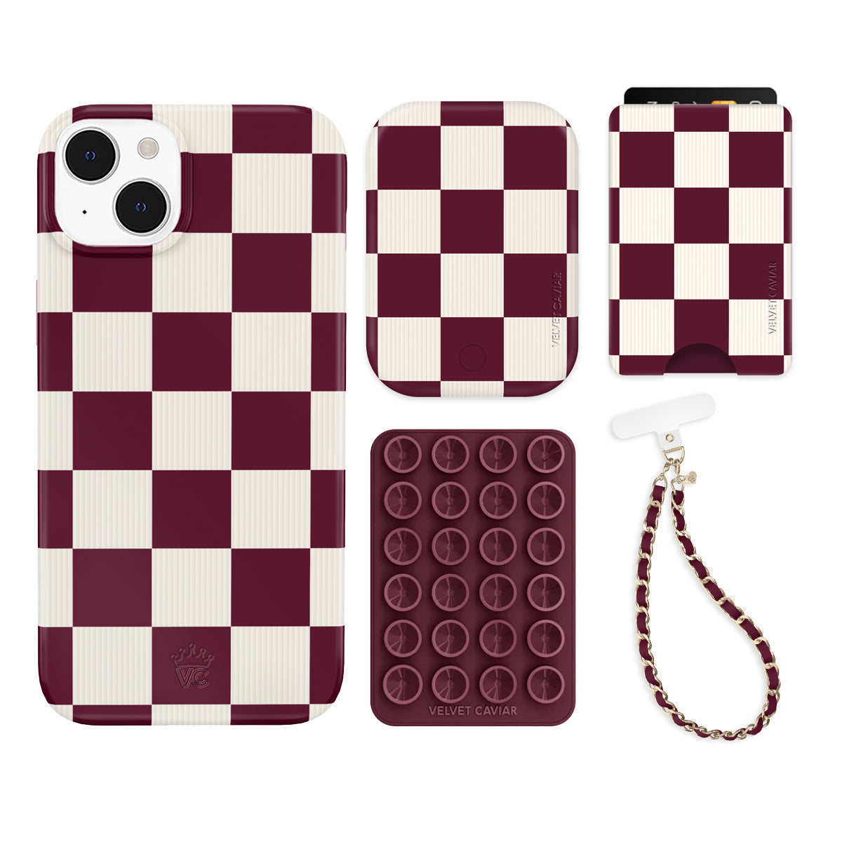 Burgundy Vibe Checkered iPhone Bundle Set - Wallet