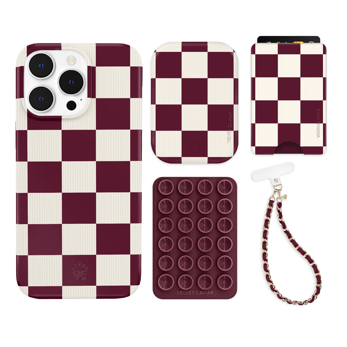 Burgundy Vibe Checkered iPhone Bundle Set - Wallet