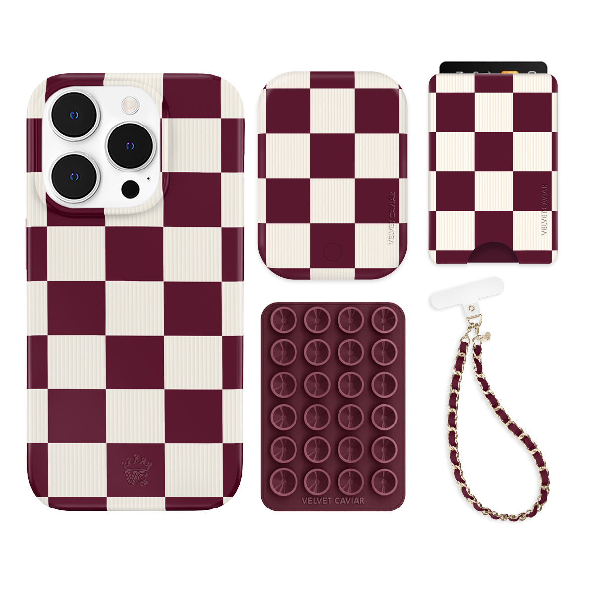 Burgundy Vibe Checkered iPhone Bundle Set - Wallet
