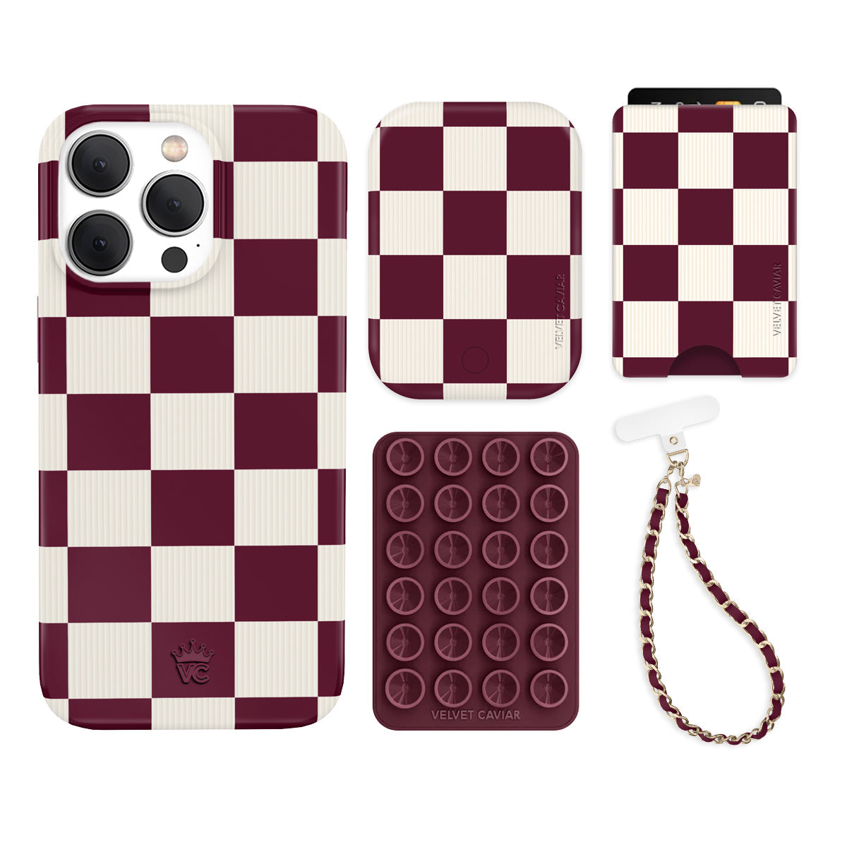 Burgundy Vibe Checkered iPhone Bundle Set - Wallet