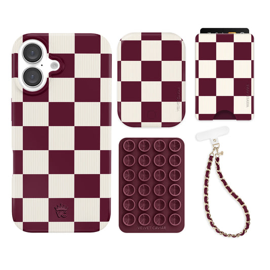 Burgundy Vibe Checkered iPhone Bundle Set - Wallet