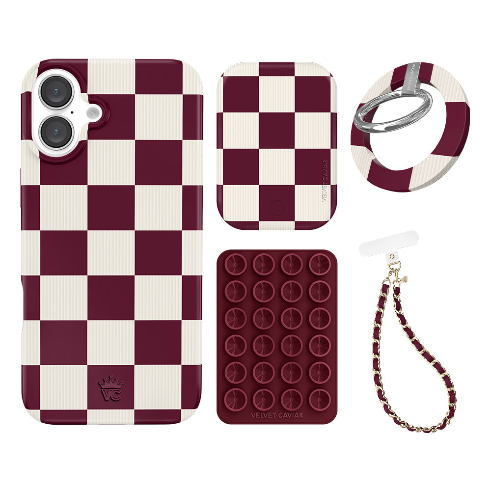 Burgundy Vibe Checkered iPhone Bundle Set - Grip