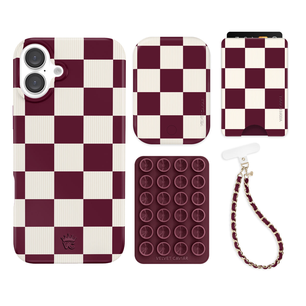 Burgundy Vibe Checkered iPhone Bundle Set - Wallet