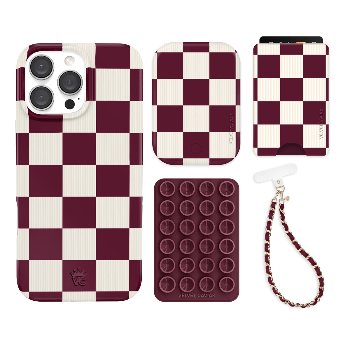 Burgundy Vibe Checkered iPhone Bundle Set - Wallet