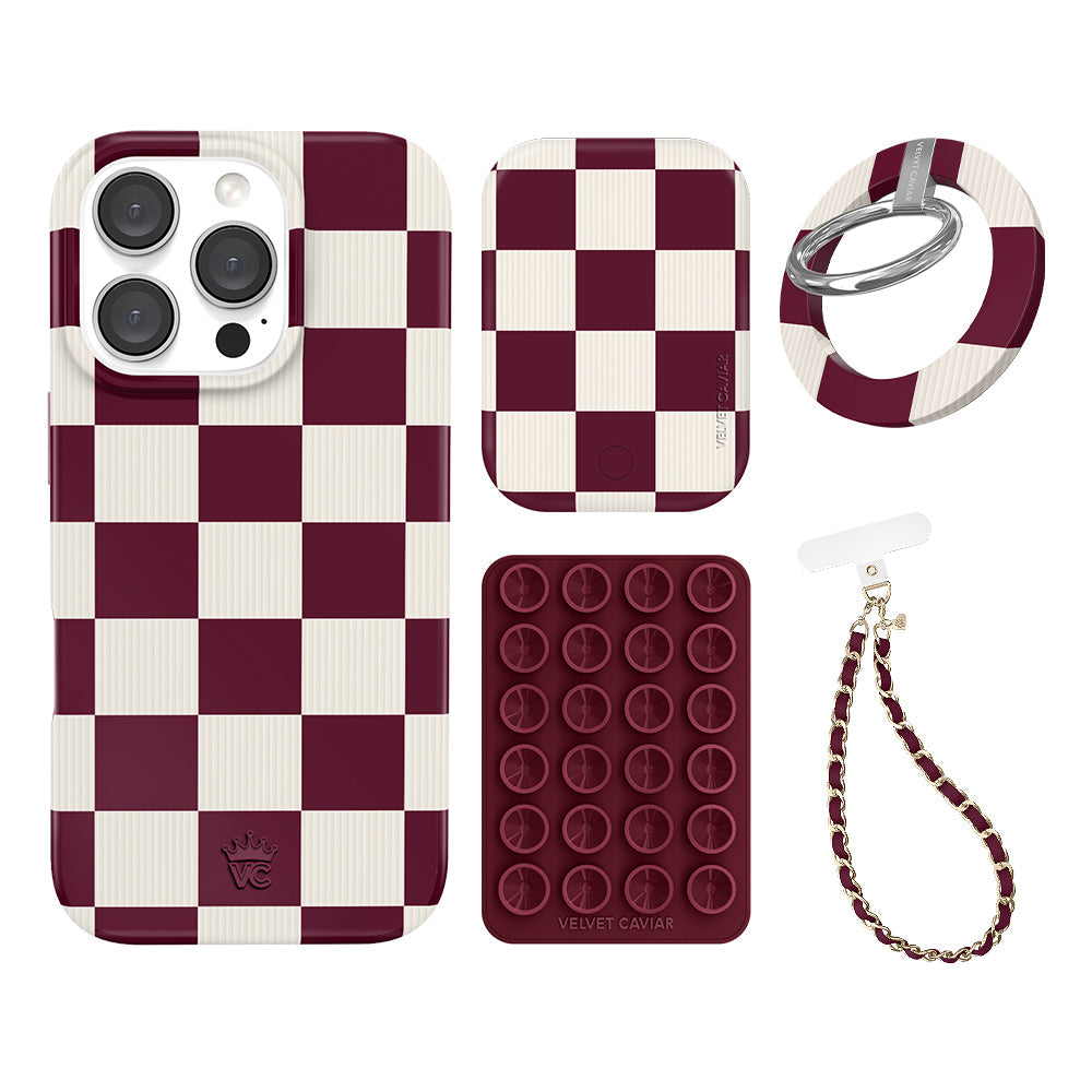 Burgundy Vibe Checkered iPhone Bundle Set - Grip