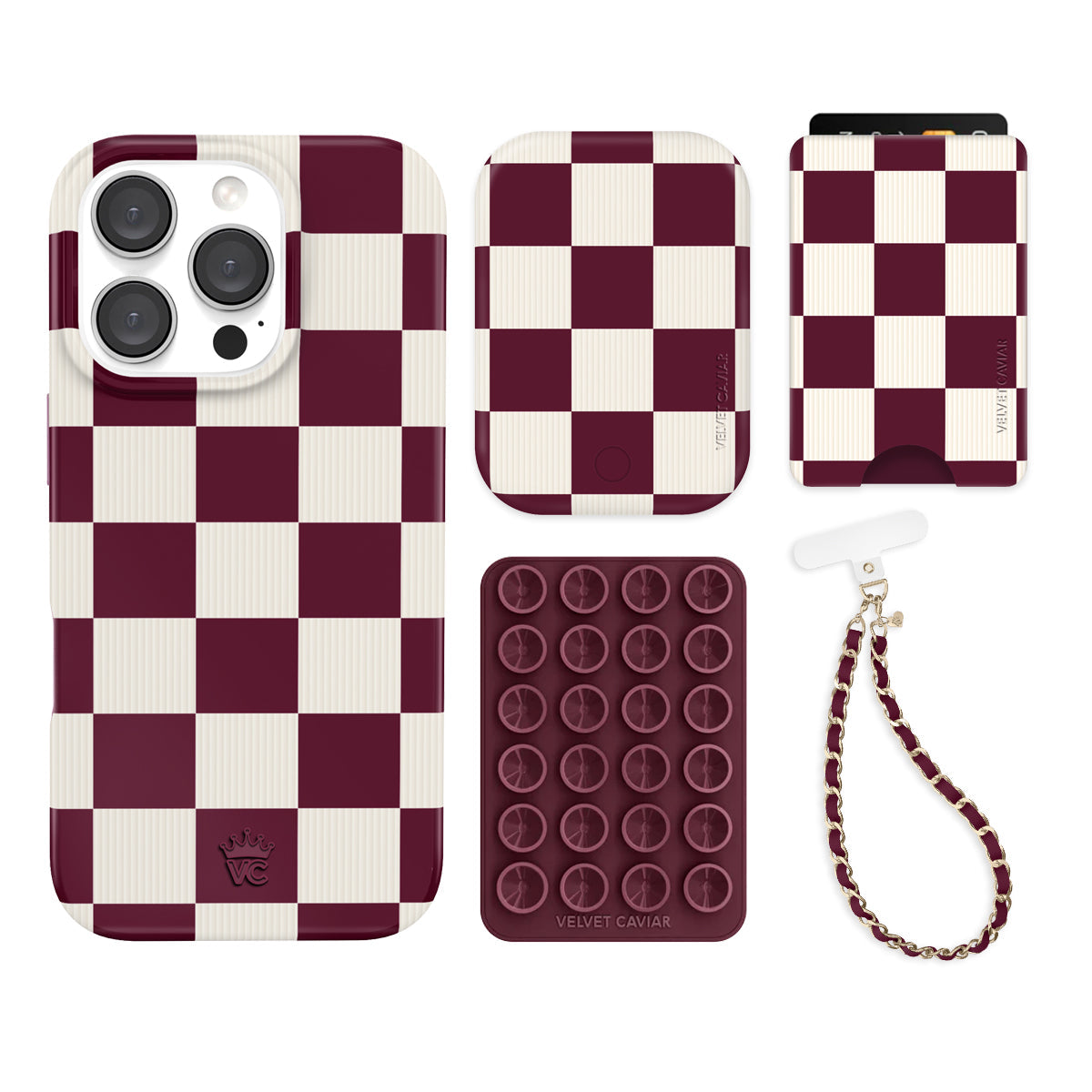 Burgundy Vibe Checkered iPhone Bundle Set - Wallet