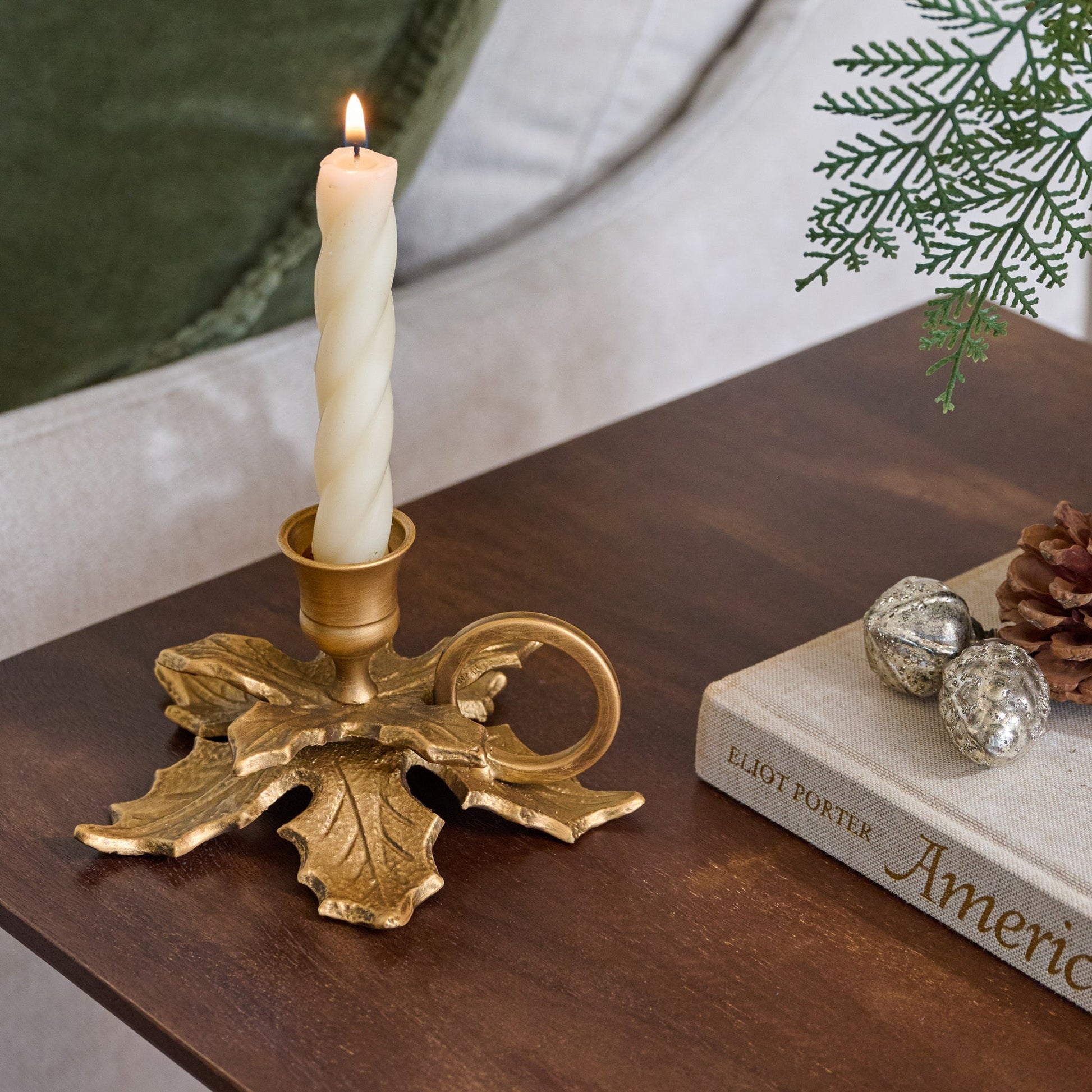 Brass Holly Candle Holder with Handle