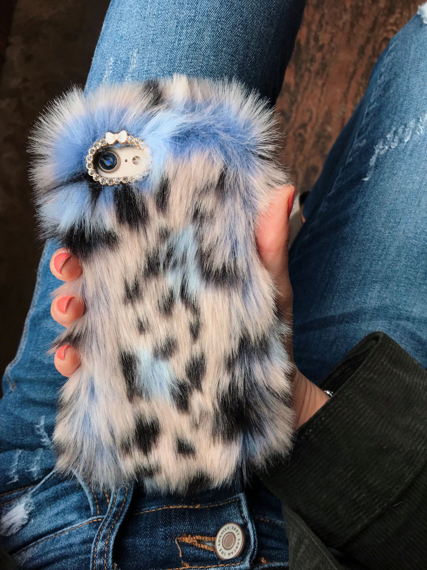Blue Leopard Faux Fur iPhone Case