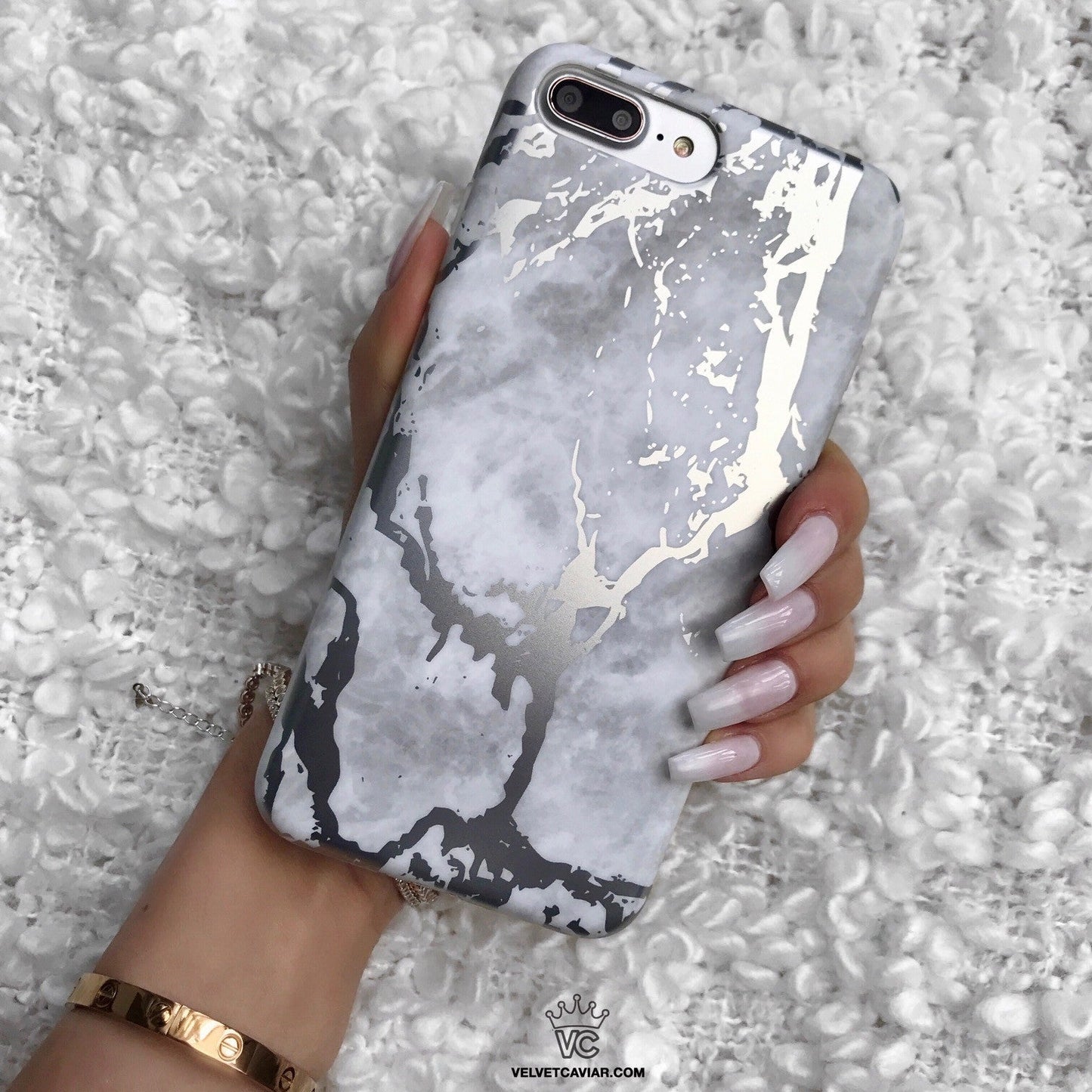 White Marble Silver Chrome iPhone Case