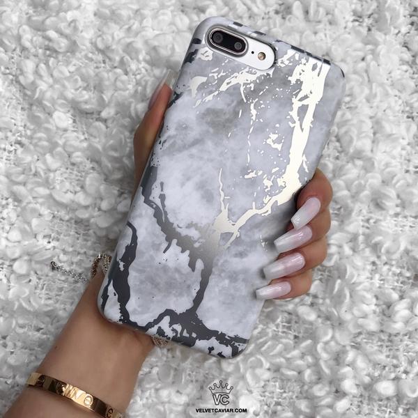 White Marble Silver Chrome iPhone Case